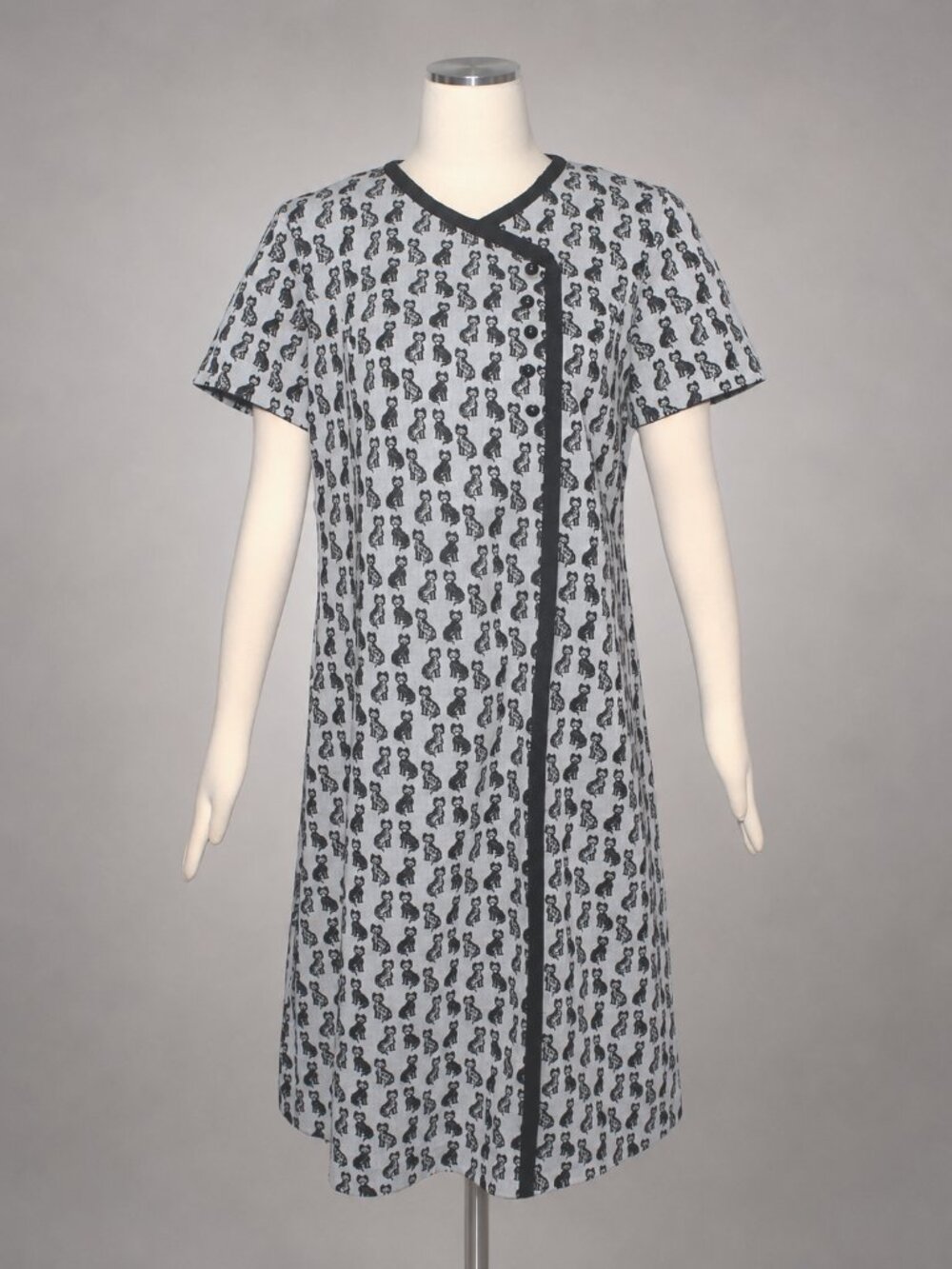 Vintage 70s Handmade Cat Print Polyester Knit Shift Dress Novelty Mod L XL